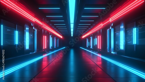 3D render, an abstract futuristic background with neon blue and red lights in a dark room.