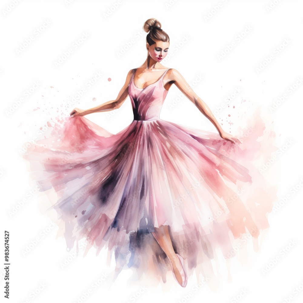 Elegant Watercolor Ballerina in Pink Dress, Ballet Dance Illustration with Artistic Brush Strokes Elegant Watercolor Ballerina in Pink Dress, Ballet Dance Illustration with Artistic Brush Strokes