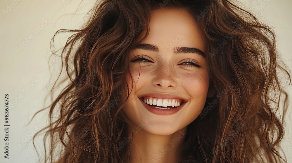 Portrait of a woman with long brown wavy hair smiling Portrait of a woman with long brown wavy hair smiling