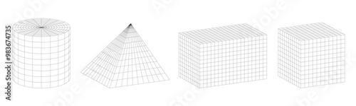 Wireframe 3d line mesh of geometric shape cylinder, pyramid, rectangular and square