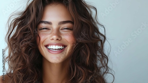 Close-up of a woman with curly brown hair laughing with her eyes closed