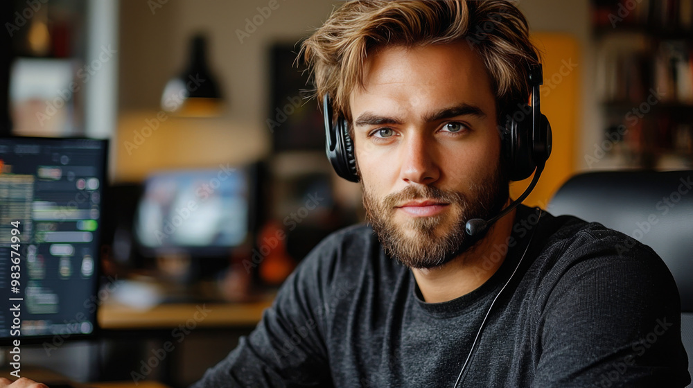 Young man in headphones looking at the camera. Young man in headphones looking at the camera.