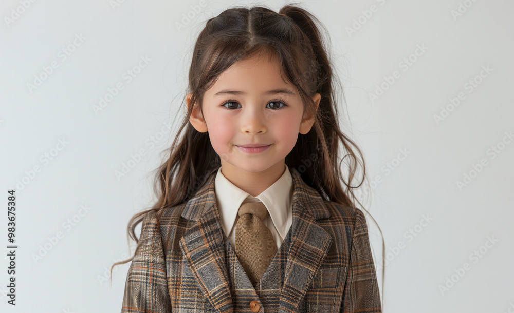 young caucasian girl with neatly styled hair and bright color eyes poses confidently in her school uniform. Her soft smile and tidy appearance make her look both adorable and mature. young caucasian girl with neatly styled hair and bright color eyes poses confidently in her school uniform. Her soft smile and tidy appearance make her look both adorable and mature.