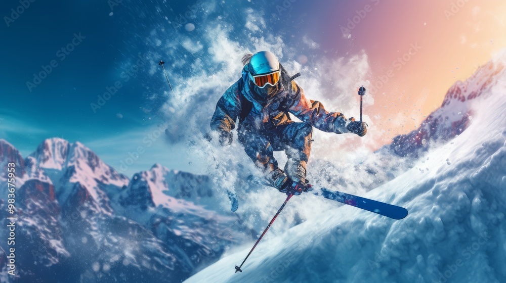 A man is skiing down a mountain with a blue and white helmet on A man is skiing down a mountain with a blue and white helmet on