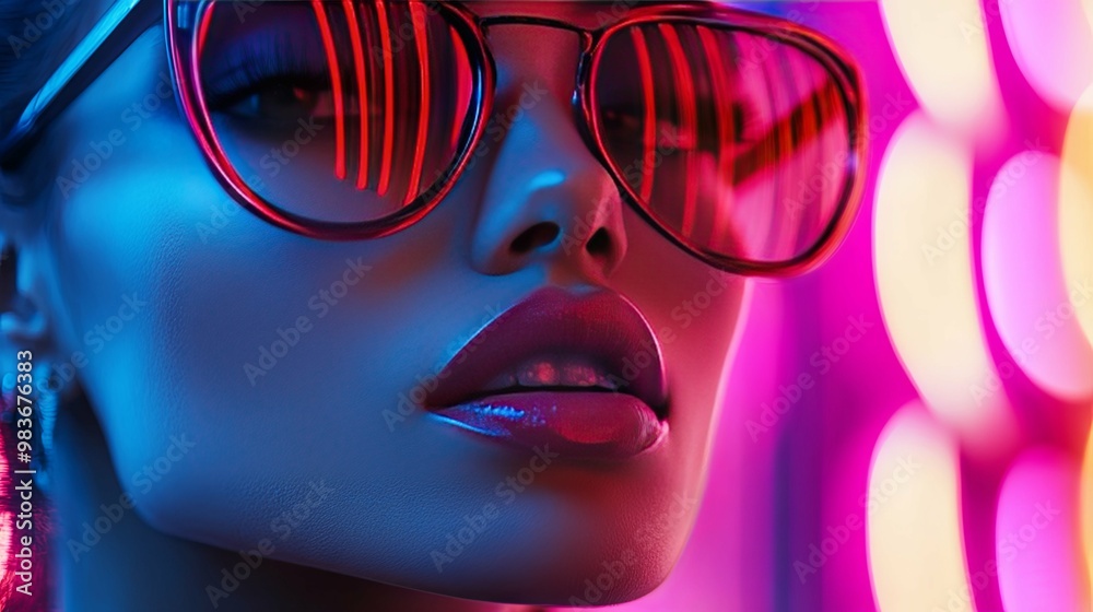 Woman in Sunglasses with Neon Lights Reflecting in Glasses Woman in Sunglasses with Neon Lights Reflecting in Glasses