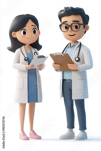 3D Asian cartoon doctor holding clipboard and discussing patient care with doctor