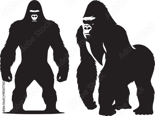 Gorilla silhouette simple vector black and white full body