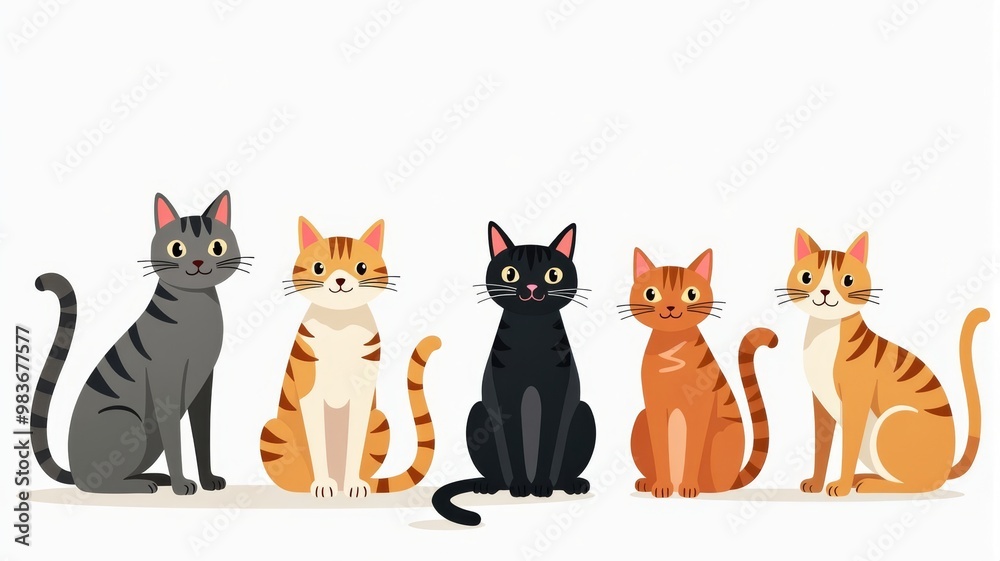 Cute Cartoon Cats Sitting in a Row - Adorable Cat Illustration for Children’s Books, Greeting Cards, and Pet-Themed Designs Cute Cartoon Cats Sitting in a Row - Adorable Cat Illustration for Children’s Books, Greeting Cards, and Pet-Themed Designs