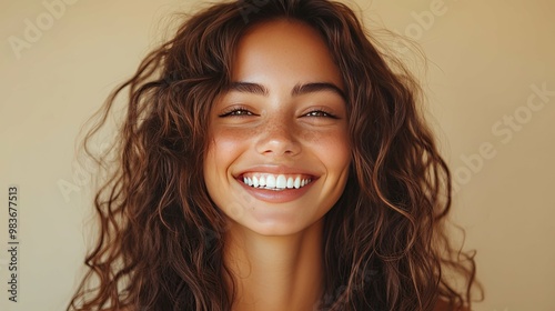 Portrait of a Smiling Woman with Wavy Brown Hair