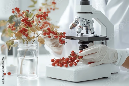 Scientist examining red berries under a microscope in lab, botanical research and analysis concept. photo