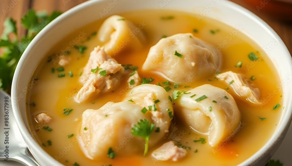 bowl of rich chicken and dumpling soup with a sprinkle of parsley bowl of rich chicken and dumpling soup with a sprinkle of parsley