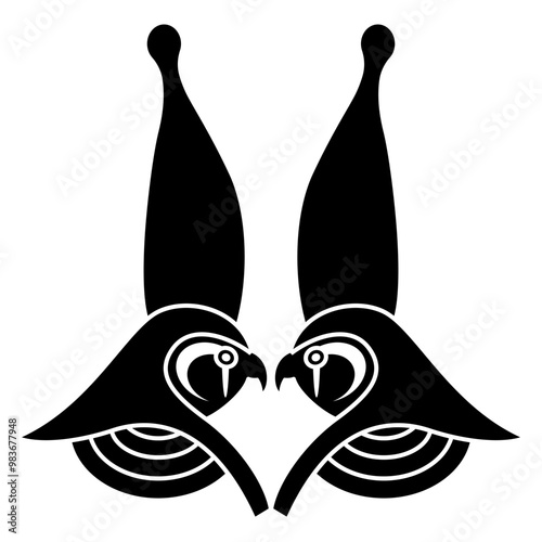 Symmetrical animal design with two falcon heads. Ancient Egyptian god Horus wearing royal pharaoh crown. Black and white silhouette.