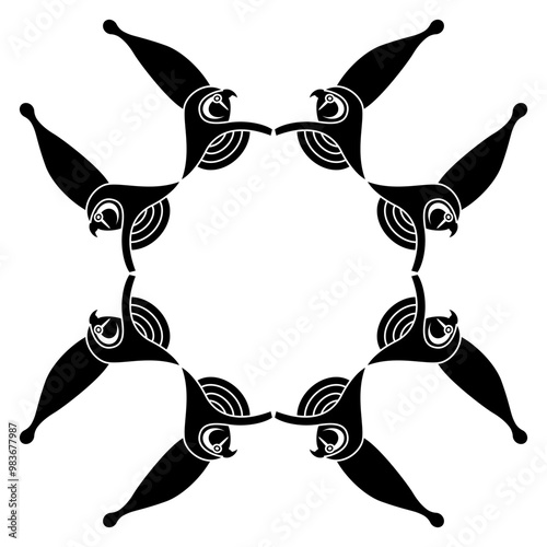 Geometrical ethnic frame with falcon heads of Ancient Egyptian god Horus wearing royal pharaoh crown. Black and white silhouette.