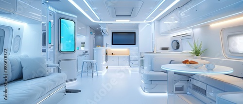 A sleek, modern interior of a space habitat, featuring bright lighting, minimalist furniture, and futuristic appliances in a clean, white design.