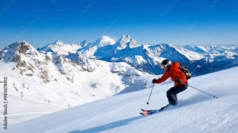 Skier Gliding Down a Slope with Majestic Mountain Views Skier Gliding Down a Slope with Majestic Mountain Views