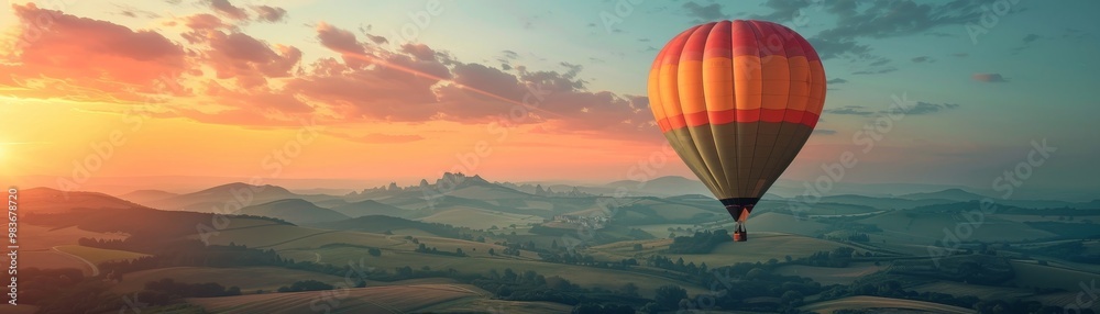 Fototapeta premium A vibrant hot air balloon floats above serene mountains at sunset, creating a picturesque and tranquil scene.