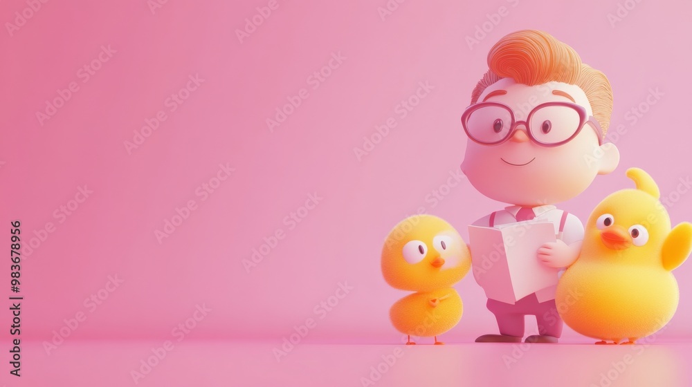 A young boy reading with animated yellow birds against a soft pink background in a joyful and playful atmosphere