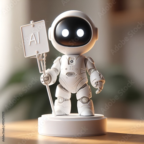 The cute robot figure sits on a pedestal and holds up a white robot sign that reads 