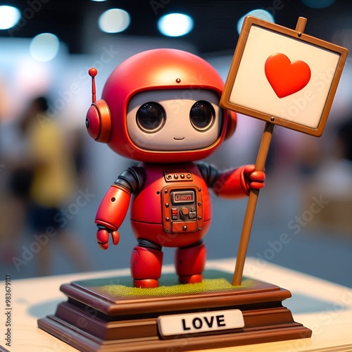 The cute robot figure sits on a pedestal and holds up a red robot sign that reads 