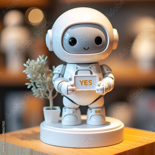 The cute robot figure sits on a pedestal and holds up a white robot sign that reads 