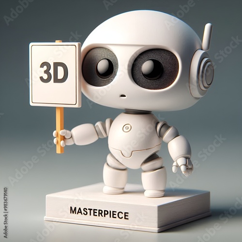 The cute robot figure sits on a pedestal and holds up a white robot sign that reads 