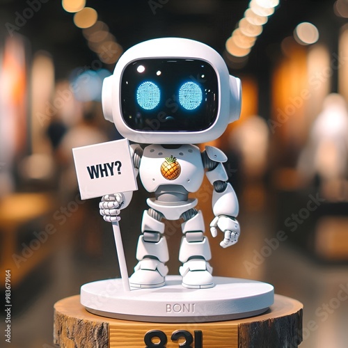The cute robot figure sits on a pedestal and holds up a white robot sign that reads 