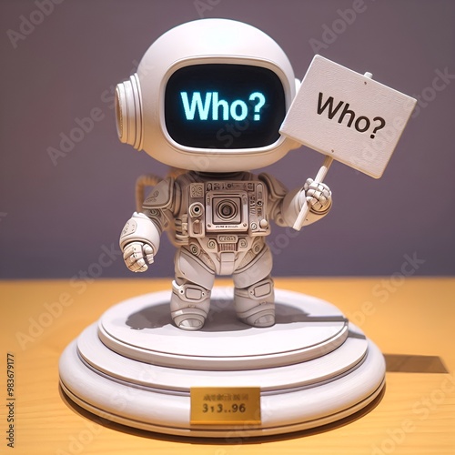 The cute robot figure sits on a pedestal and holds up a white robot sign that reads 