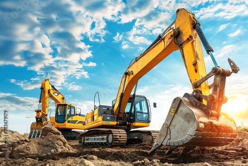 excavator at the construction site on a background of blue sky photo