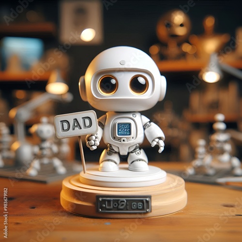 The cute robot figure sits on a pedestal and holds up a white robot sign that reads 