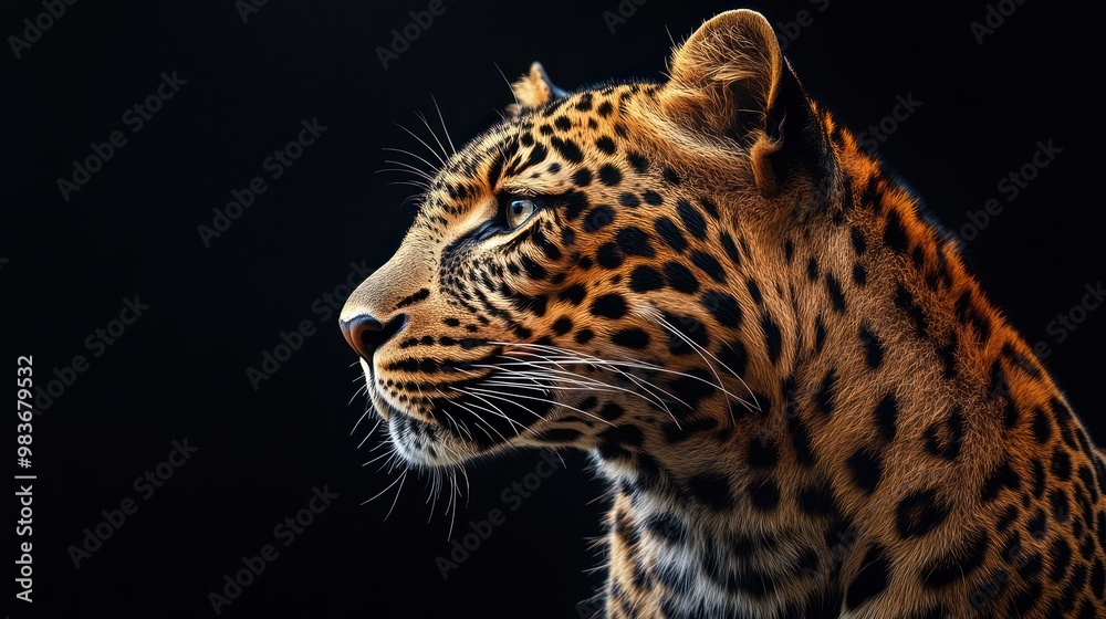 Obraz premium majestic leopard portrait on black background powerful wildlife photography with copy space on the right side