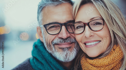 A close-up portrait of a happy middle-aged couple wearing glasses.