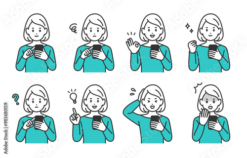 スマホを見ながらいろいろな表情･ポーズをする若い女性のセット【人物ベクターイラスト素材】