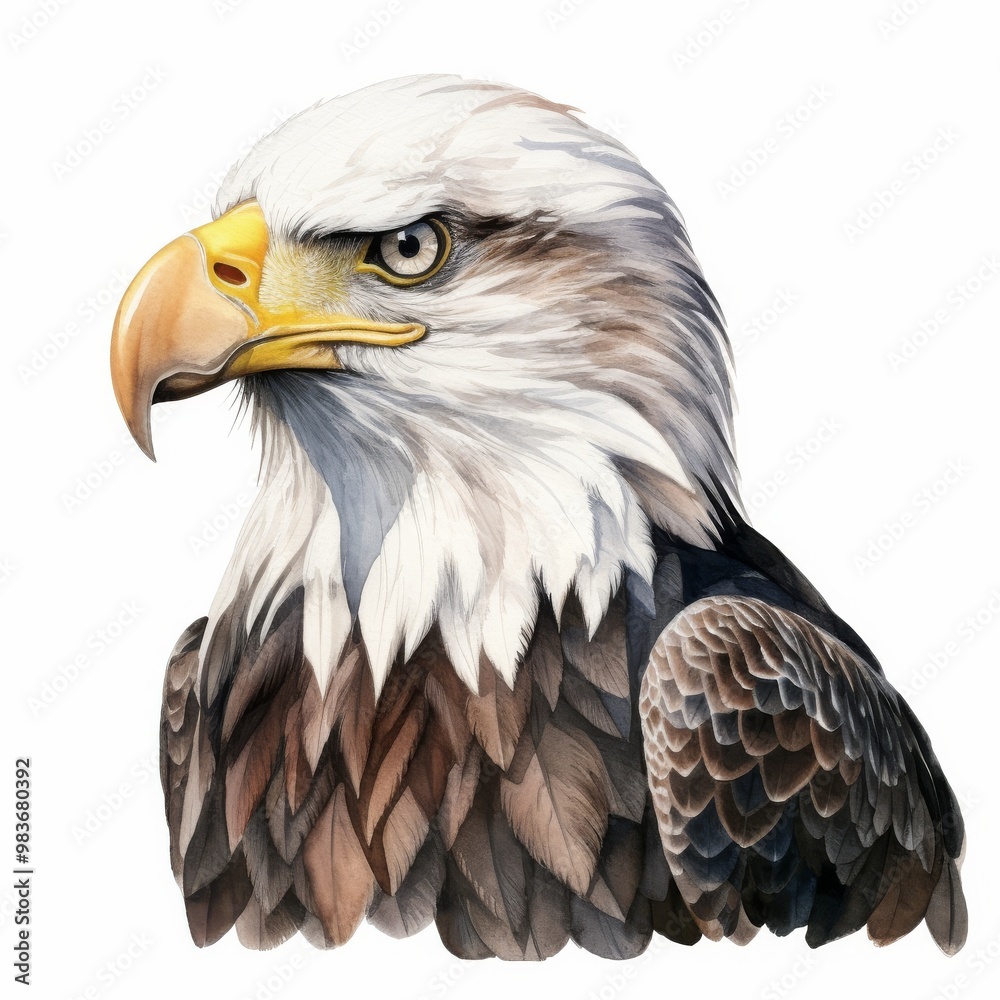 Obraz premium Realistic Watercolor Illustration of a Bald Eagle with Detailed Feathers and Intense Gaze