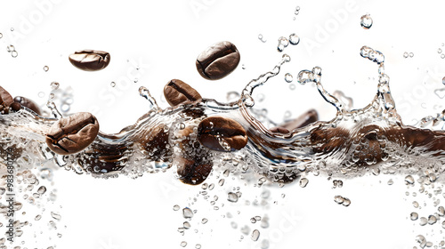 Coffee beans falling into water with splash isolated on white background, Coffee flavor template