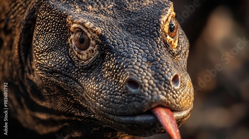 A striking close-up image of a Komodo Dragon, highlighting the intricate details of its rough, scaly skin and sharp, glistening eyes