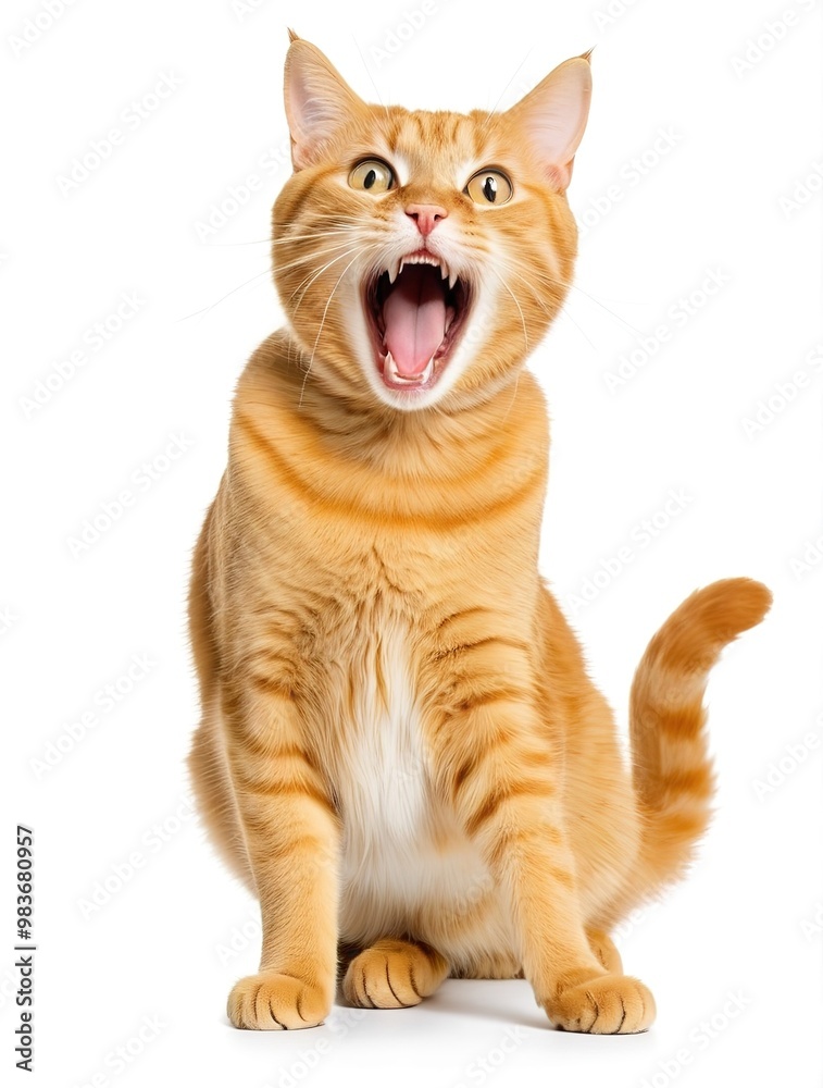 Excited yellow cat face, ears perked, wide-eyed, isolated on white background. Excited yellow cat face, ears perked, wide-eyed, isolated on white background.