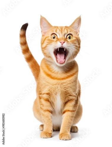 Yellow cat face, wide eyes, excited expression, isolated on white background.