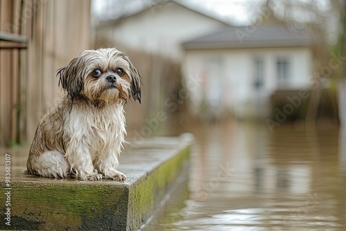 A Shih Tzu sits on a high step in a partially flooded garden photo