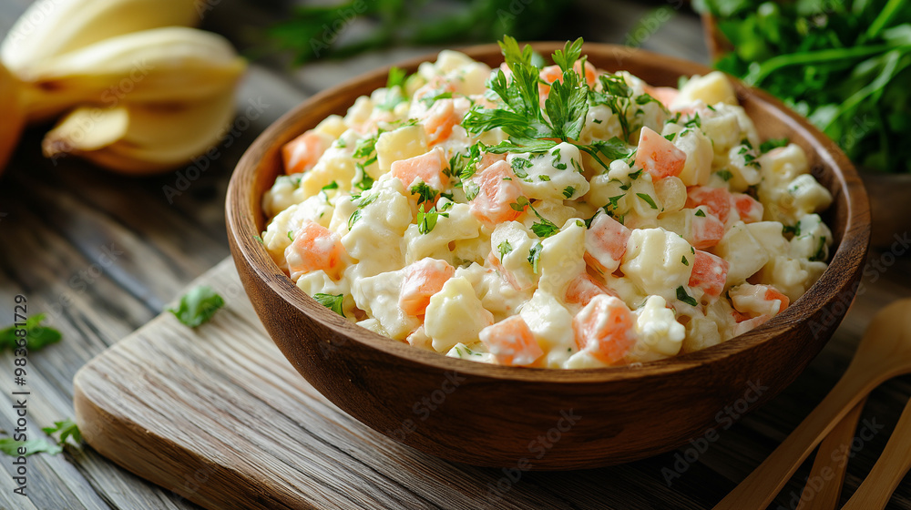 Traditional Russian salad in a bowl, commonly known as Olivier salad. Traditional Russian salad in a bowl, commonly known as Olivier salad.