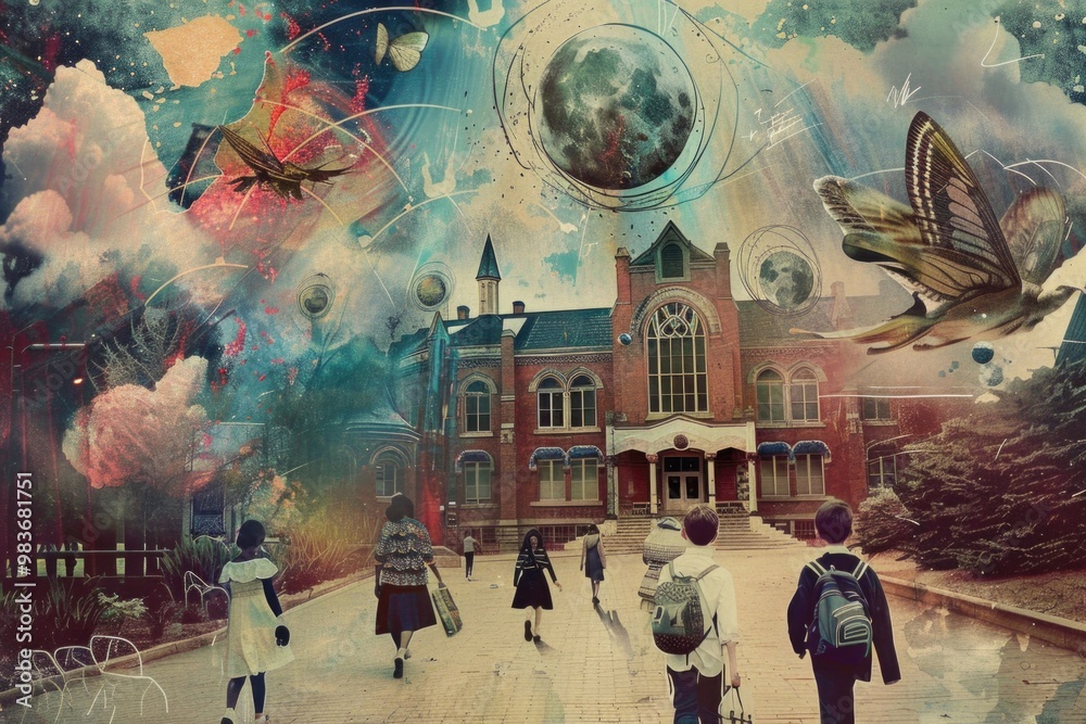 Fototapeta premium Surreal school journey: children walking towards a fantasy universe AI