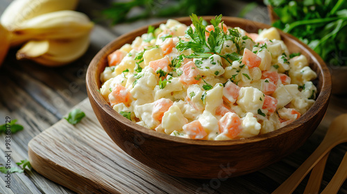 Traditional Russian salad in a bowl, commonly known as Olivier salad.