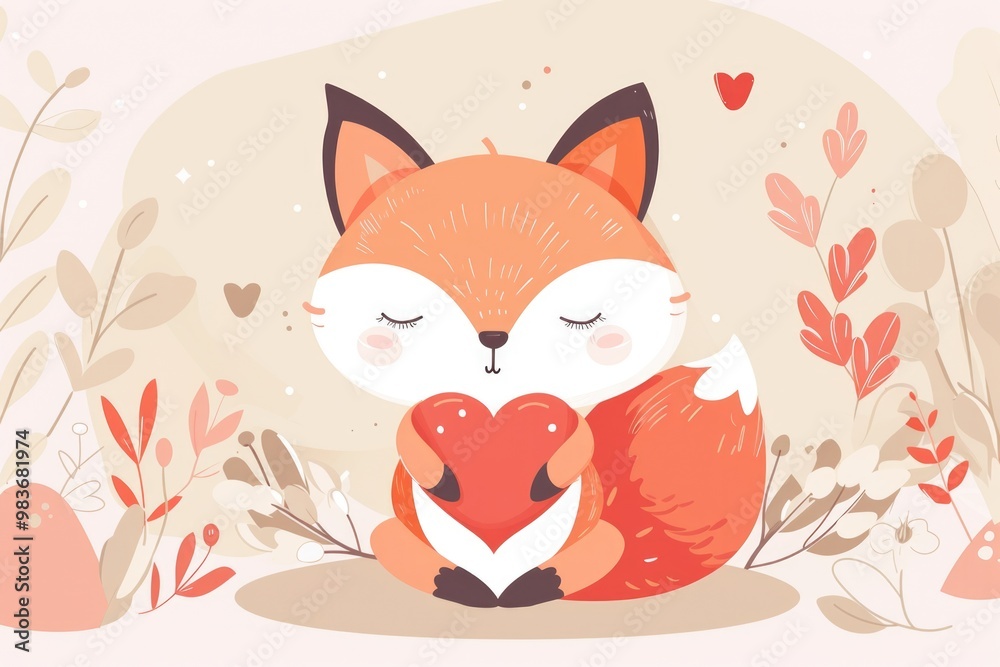 Adorable fox holding heart in valentine's day illustration for february love theme. AI