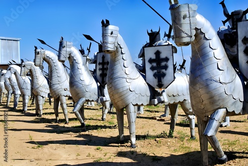 A row of metallic horse sculptures with shields, resembling ancient warriors. photo