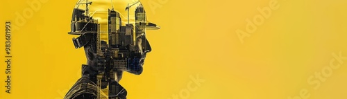 Urban development concept with double exposure of construction worker and city skyline. AI