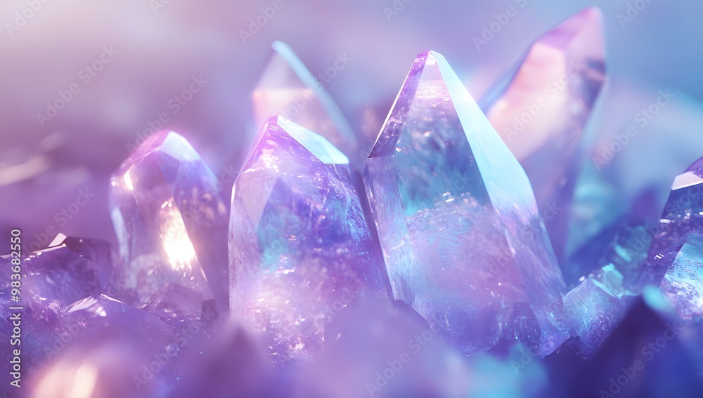 Amethyst crystals in space, with blue and purple colors, glowing light effects, Amethyst crystals in space, with blue and purple colors, glowing light effects,