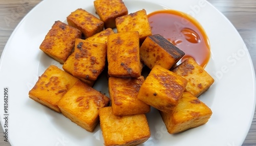 plate of crispy fried tofu with a side of sweet chili sauce. photo