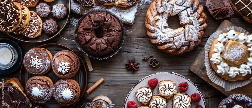 Fototapeta premium Assorted delicious pastries and desserts on rustic wooden table. Various baked goods perfect for a bakery, cafe, or culinary presentation.
