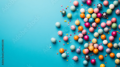 Colorful candy balls scattered on a vibrant blue background. Ideal for festive, playful, or confectionery-themed designs.