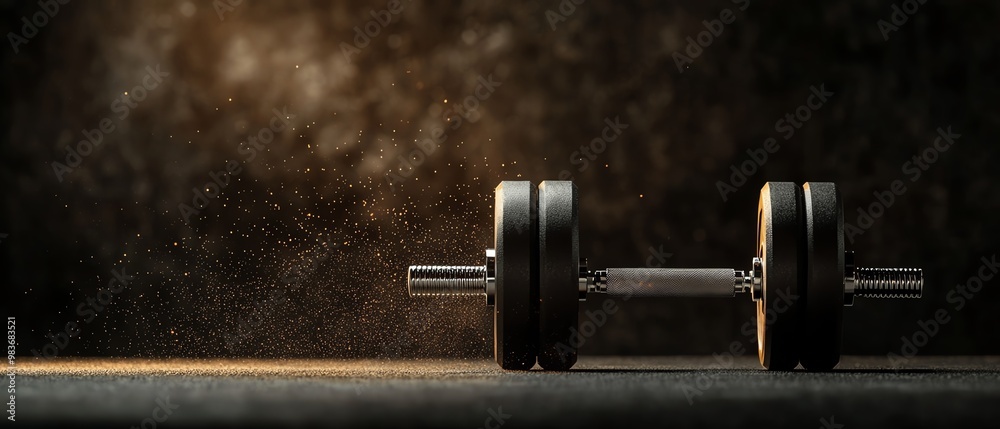 Dark and dramatic shot of a solitary dumbbell on the floor in a dimly lit gym, perfect for fitness and strength training themes. Dark and dramatic shot of a solitary dumbbell on the floor in a dimly lit gym, perfect for fitness and strength training themes.
