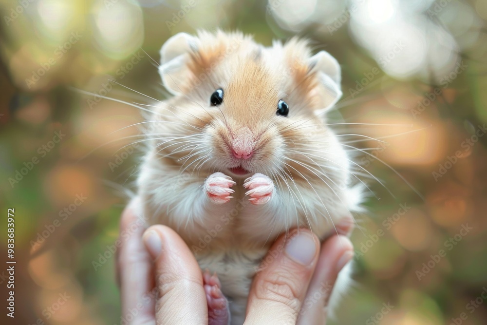Adorable fluffy hamster cupped in hands with soft focus background AI Adorable fluffy hamster cupped in hands with soft focus background AI